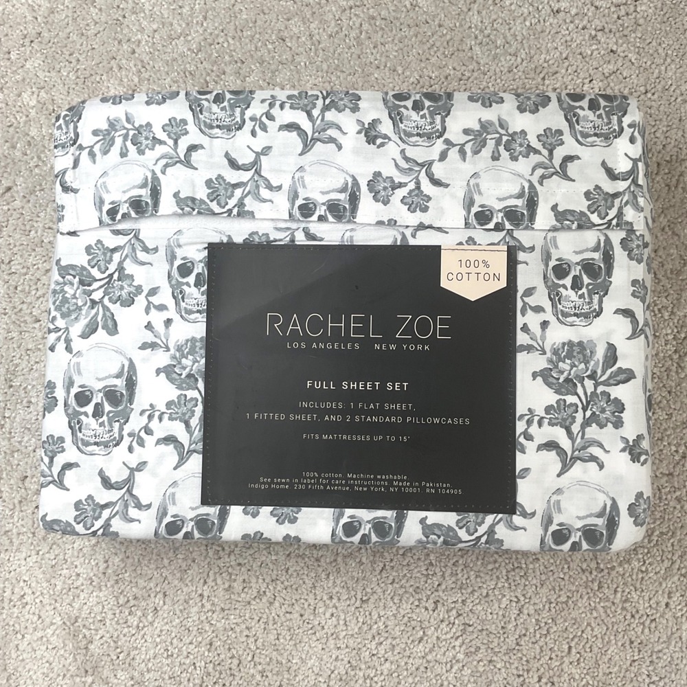 Rachel Zoe Full Sheet Set 100% Cotton Grey White Skull Floral Damask 4 Piece NEW - Picture 4 of 5